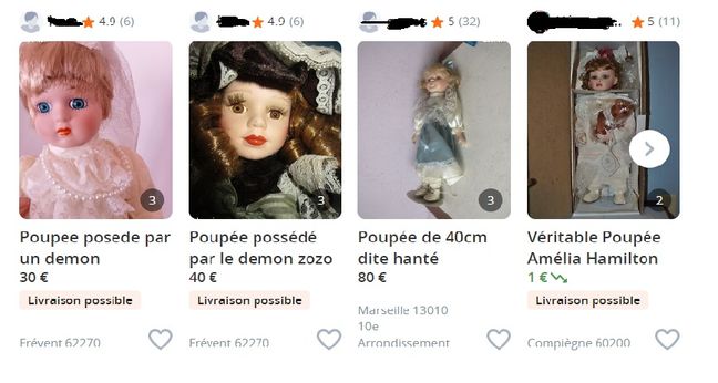 Examples of “haunted” dolls on leboncoin.